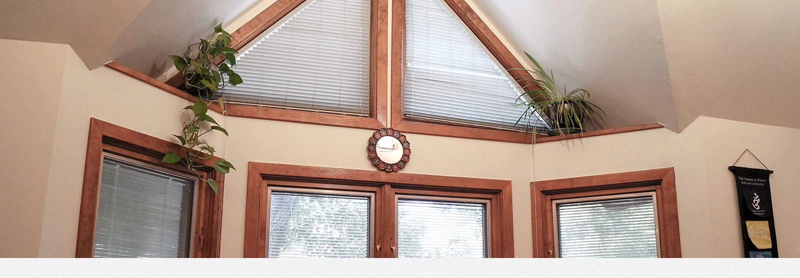 A sunlit room with wood-framed windows and hanging plants